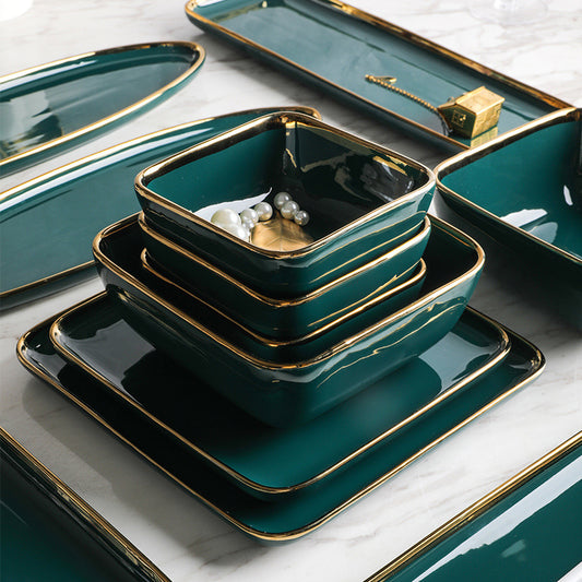 Gold-Trimmed Jade Ceramic Tableware