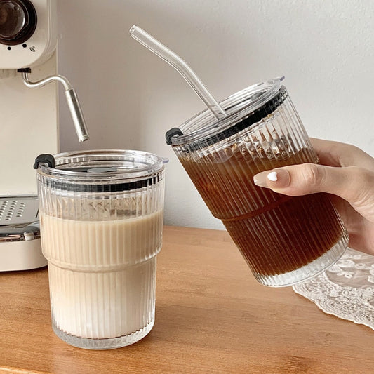 Simple Stripe Glass Cup With Lid and Straw